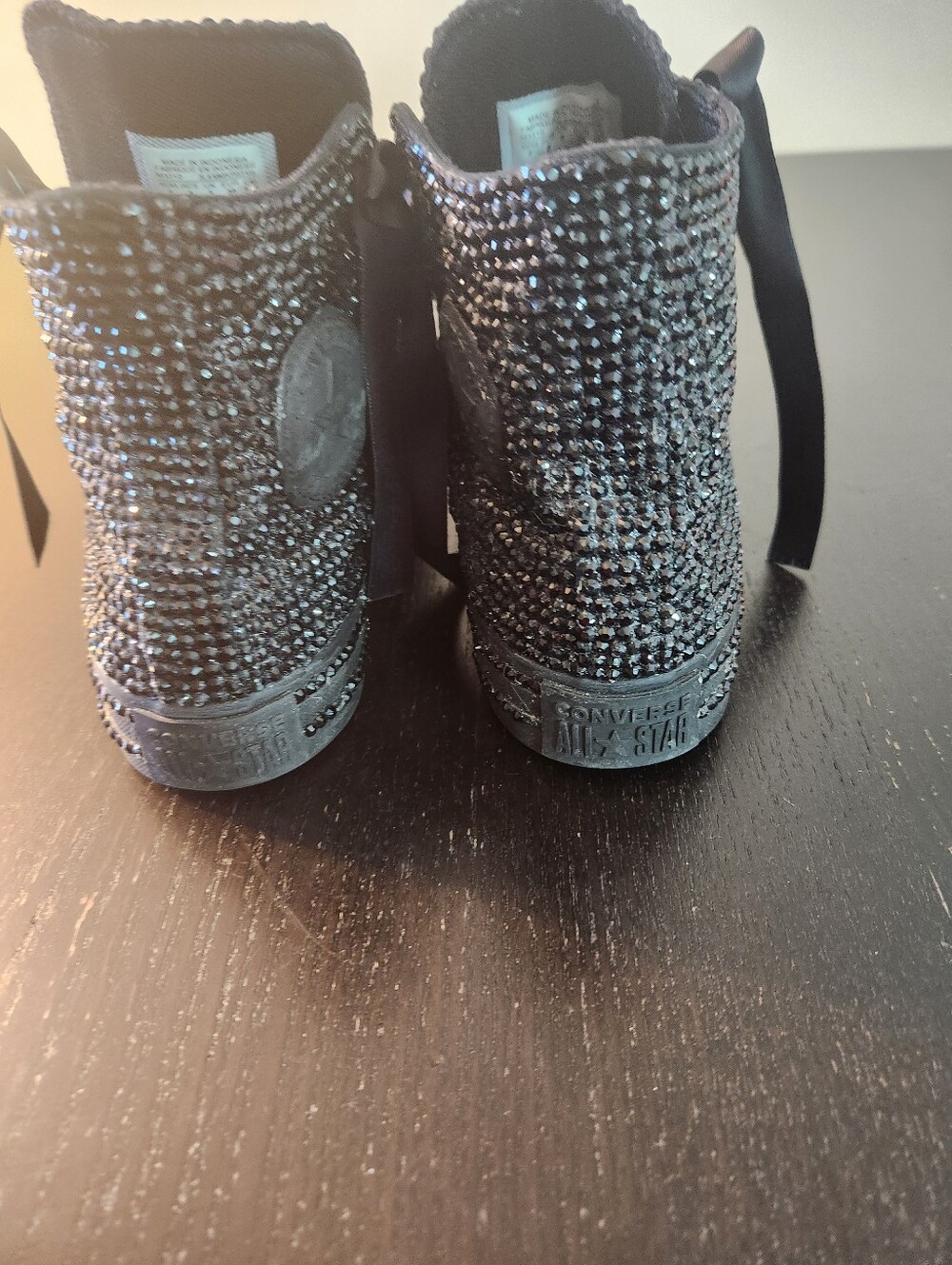Converse Women’s Black Crystal-Embellished Satin Ribbon Sneakers. W-8 M-6. - Picture 6 of 16